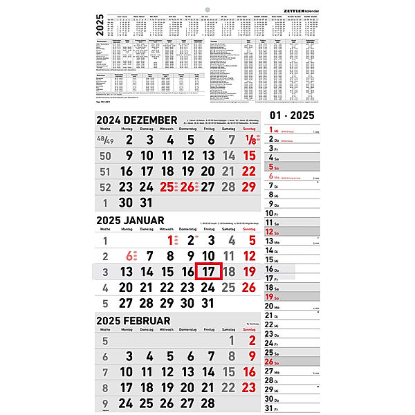 Zettler - 3-Monatskalender Kombi 2025, 33x45cm, Bürokalender mit Jahresübersicht, Datumsschieber, faltbar, 3 Monate auf einen Blick, Feiertage/Ferientermine DE/AT/CH und deutsches Kalendarium