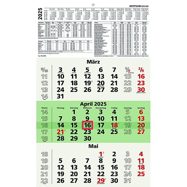 Zettler - 3-Monatskalender Recycling 2025, 29,7x48,8cm, Bürokalender mit Jahresübersicht, Blauer Engel, faltbar, 3 Monate auf einen Blick, Feiertage/Ferientermine DE/AT/CH und deutsches Kalendarium