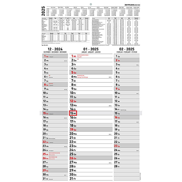 Zettler - 3-Monatskalender Streifenplaner 2025, 33x58,8cm, Bürokalender mit Jahresübersicht, Datumsschieber, faltbar, 3 Monate auf einen Blick, Feiertage/Ferientermine DE/AT/CH und Kalendarium DE