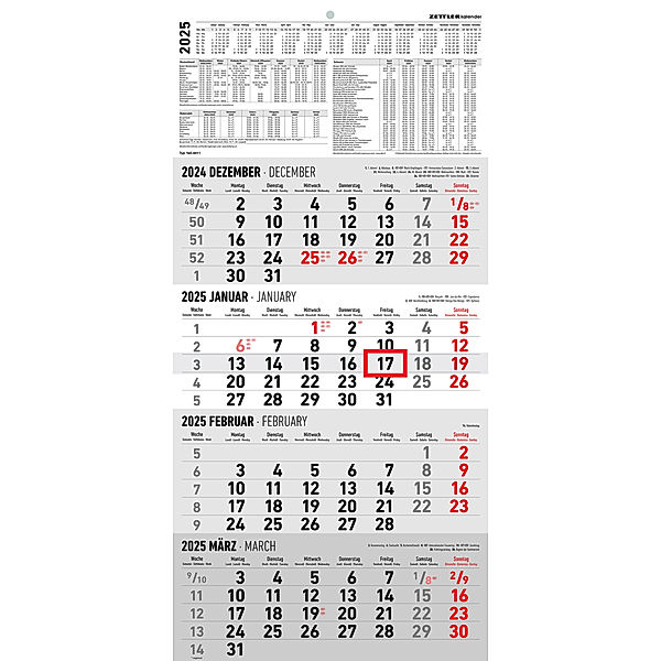 Zettler - 4-Monatskalender 2025, 30x62,8cm, Bürokalender mit Jahresübersicht, Datumsschieber, faltbar, 4 Monate auf einen Blick, Feiertage/Ferientermine DE/AT/CH und internationales Kalendarium