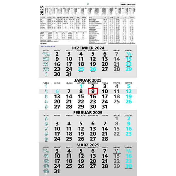 Zettler - 4-Monatskalender 2025 blau, 33x45cm, Bürokalender mit Jahresübersicht, Datumsschieber, faltbar, 4 Monate auf einen Blick, Feiertage DE /Ferientermine DE/AT/CH und deutsches Kalendarium
