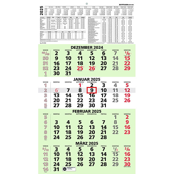 Zettler - 4-Monatskalender Recycling 2025, 33x58,8cm, Bürokalender mit Jahresübersicht, Blauer Engel, Datumsschieber, faltbar, 4 Monate auf einen Blick, Feiertage DE und deutsches Kalendarium