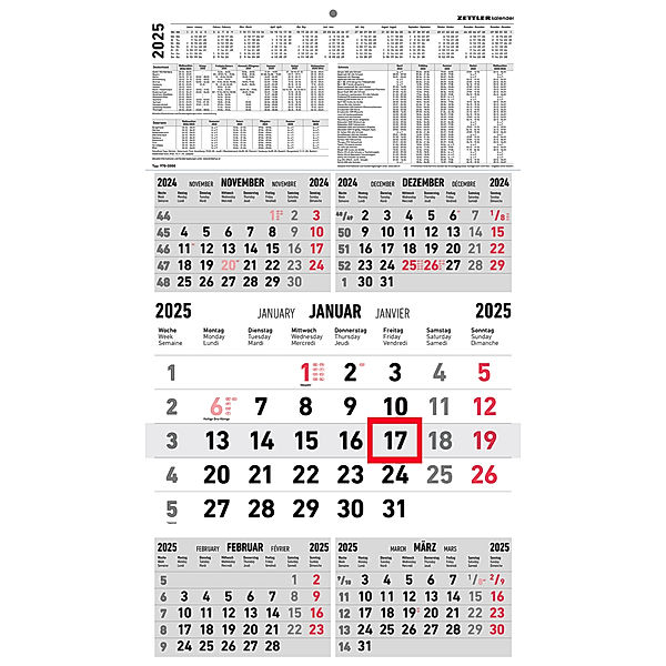 Zettler - 5-Monatskalender 2025 rot, 33x45cm, Bürokalender mit Jahresübersicht, Datumsschieber, faltbar, 5 Monate auf einen Blick, Ferientermine DE/AT/CH und internationales Kalendarium