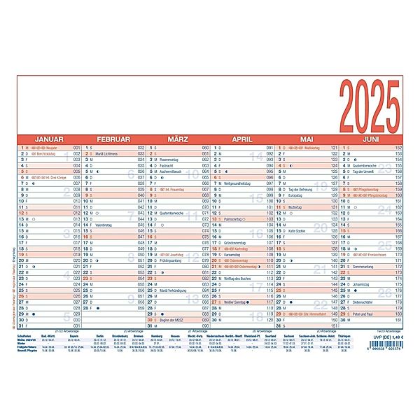 Zettler - Arbeitstagekalender 2025 blau/rot, 29,7x21cm, Plakatkalender mit 6 Monate auf 1 Seite, Mondphasen, Arbeitstage-, Tages- und Wochenzählung, Ferientermine und deutsches Kalendarium
