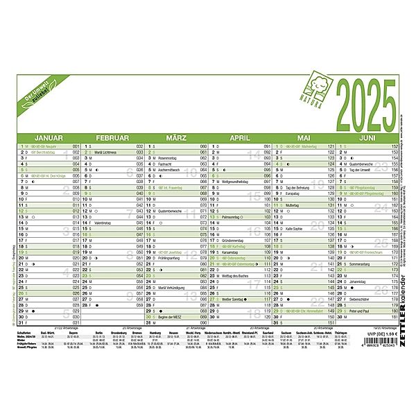 Zettler - Arbeitstagekalender 2025 Recycling, 29,7x21cm, Plakatkalender mit 6 Monaten auf 1 Seite, Mondphasen, Arbeitstage-, Tages- und Wochenzählung, Ferientermine und deutsches Kalendarium