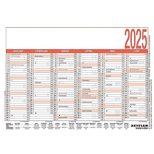 Zettler - Arbeitstagekalender 2025 weiß/rot, 14,8x10,5cm, Plakatkalender mit Monatsübersicht, 6 Monate auf 1 Seite, Ferientermine, Arbeitstage-, Tages- und Wochenzählung und deutsches Kalendarium