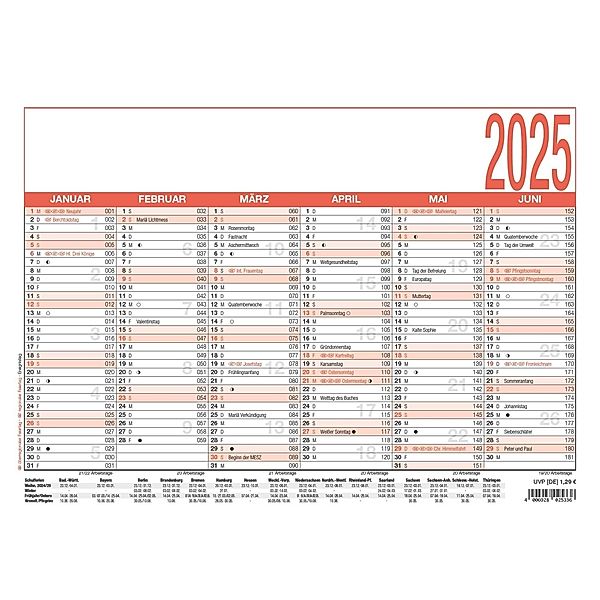 Zettler - Arbeitstagekalender 2025 weiss/rot, 29,7x21cm, Plakatkalender mit Jahresübersicht, 6 Monate auf 1 Seite, Mondphasen, Arbeitstage-, Tages- und Wochenzählung und deutsches Kalendarium