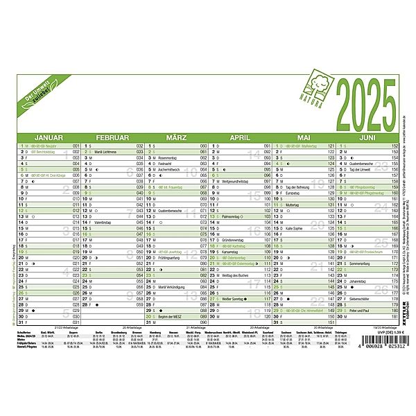 Zettler - Arbeitstagekalender Recycling 2025 weiß/rot, 21x14,8cm, Kalender mit Monatsübersicht, 6 Monate auf 1 Seite, Blauer Engel, Arbeitstage-, Tages- und Wochenzählung und deutsches Kalendarium