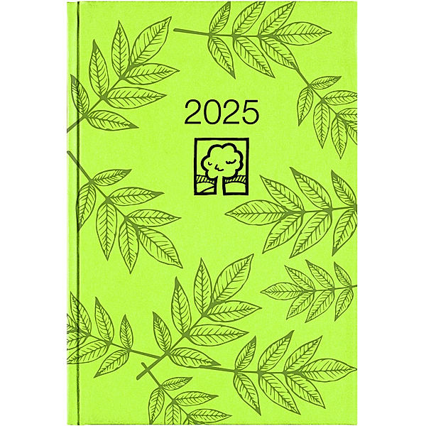 Zettler - Buchkalender 2025 grün, 14,5x21cm, Taschenkalender mit 392 Seiten im Kartoneinband, 1 Tag auf 1 Seite, Tages-, und Wochen- und Zinstagezählung, Blauer Engel und deutsches Kalendarium