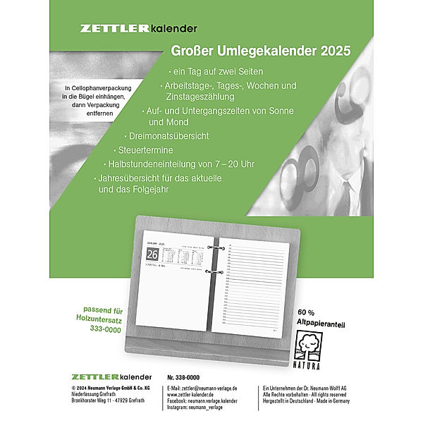 Zettler - Großer Umlege-Kalender 2025, 10,5x14,2cm, Bürokalender mit 360 Seiten, 1 Tag auf 2 Seiten, Arbeitstage-, Tages-, Wochen- und Zinstagezählung, 2-fach-Lochung und deutsches Kalendarium