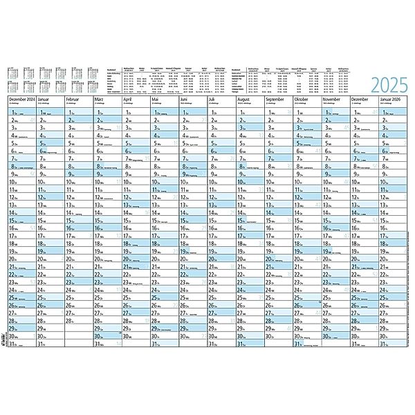 Zettler - Jahresplaner 2025, 86x61cm, Plakatkalender mit 14 Monaten auf 1 Seite, Mondphasen, Arbeitstage-, Tages- und Wochenzählung, Ferientermine und deutsches Kalendarium