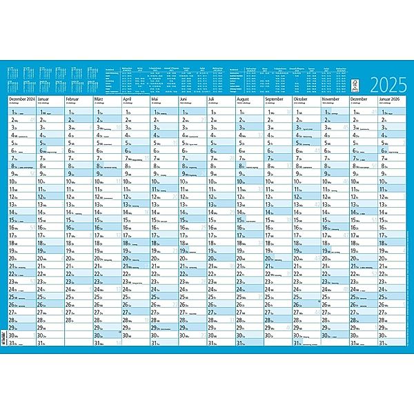 Zettler - Jahresplaner 2025, 86x61cm, Plakatkalender mit 14 Monaten auf 1 Seite, Mondphasen, Arbeitstage-, Tages- und Wochenzählung, Ferientermine und deutsches Kalendarium