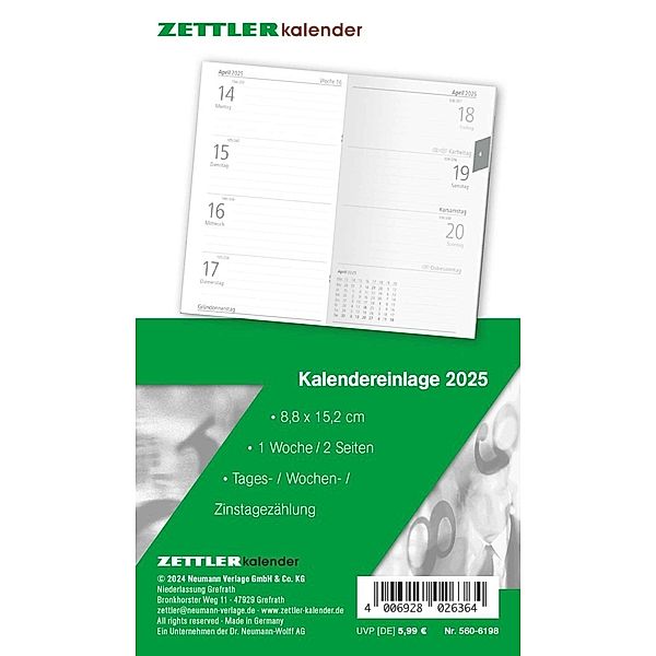Zettler - Kalender-Ersatzeinlage 2025, 8,8x15,2cm, Ersatzeinlage für Taschenplaner Typ 560, in Folienverpackung, 1 Monat auf 1 Seite, Tages,- Wochen- und Arbeitstagezählung und deutsches Kalendarium