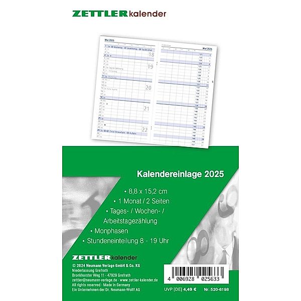Zettler - Kalender-Ersatzeinlage 2025, 8,8x15,2cm, Ersatzeinlage für Taschenplaner Typ 520, in Folienverpackung, 1 Monat auf 1 Seite, Tages,- Wochen- und Arbeitstagezählung und deutsches Kalendarium