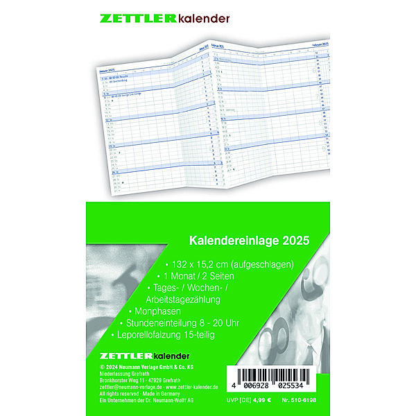 Zettler - Kalender-Ersatzeinlage 2025, 8,8x15,2cm, Ersatzeinlage für Taschenplaner Typ 510, in Folienverpackung, 1 Monat auf 2 Seiten, Tages,- Wochen- und Arbeitstagezählung und deutsches Kalendarium
