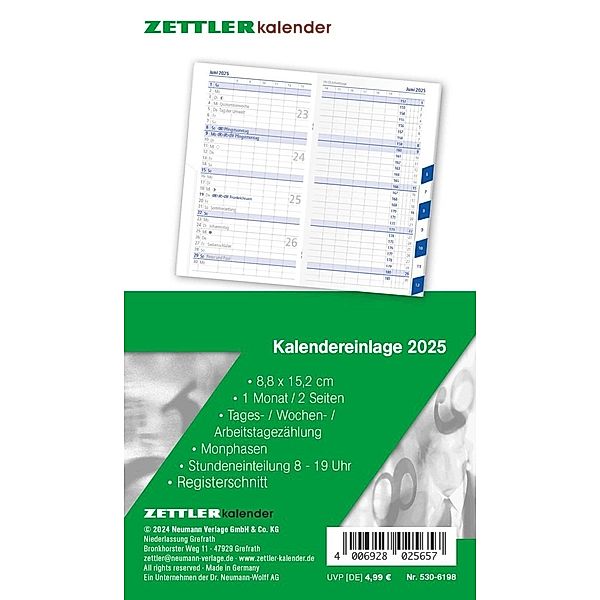 Zettler - Kalender-Ersatzeinlage 2025, 8,8x15,2cm, für den Taschenplaner Typ 530, 1 Monat auf 2 Seiten, Registerschnitt, Tages-, Wochen und Arbeitstagezählung, Mondphasen und Stundeneinteilung