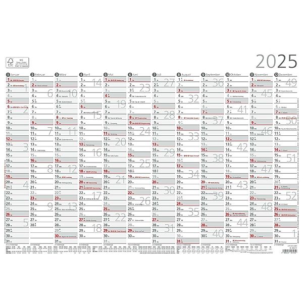 Zettler - Plakatkalender 2025, 42x29,7cm, Jahresplaner mit Jahresübersicht, 12 Monate auf 1 Seite, Mondphasen, Arbeitstage-, Tages- und Wochenzählung, Ferientermine und deutsches Kalendarium
