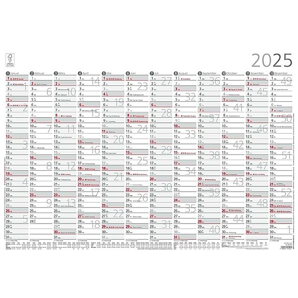 Zettler - Plakatkalender 2025, 59,4x42cm, Jahresplaner mit Jahresübersicht, 12 Monate auf 1 Seite, Mondphasen, Arbeitstage-, Tages- und Wochenzählung, Ferientermine und deutsches Kalendarium