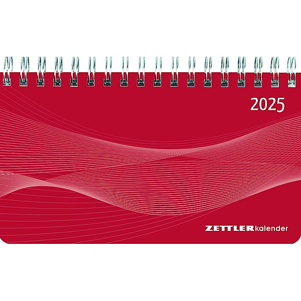Zettler - Querkalender Mini 2025 rot, 15,6x9cm, Bürokalender mit 128 Seiten, 1 Woche auf 2 Seiten, Tages- und Wochenzählung, Monatsübersicht, Spiralbindung und internationales Kalendarium
