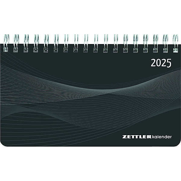Zettler - Querkalender Mini 2025 schwarz, 15,6x9cm, Bürokalender mit 128 Seiten, 1 Woche auf 2 Seiten, Tages- und Wochenzählung, Monatsübersicht, Spiralbindung und internationales Kalendarium