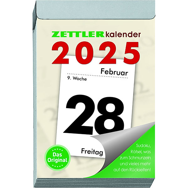 Zettler - Tagesabreisskalender 2025 L, 6,6x9,9cm, Abreisskalender mit Sudokus, Rezepten und Rätseln, Sonnen- und Mondzeiten, Namenstage, mit Aufhängung und deutsches Kalendarium