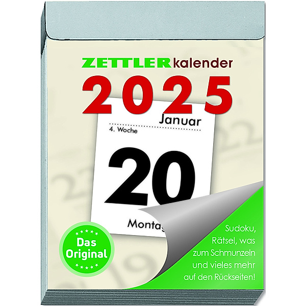 Zettler - Tagesabreisskalender 2025 M, 5,4x7,2cm, Abreisskalender mit Sudokus, Rezepten und Rätseln, Sonnen- und Mondzeiten, Namenstage, mit Aufhängung und deutsches Kalendarium