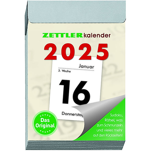 Zettler - Tagesabreißkalender 2025 S, 4,1x5,9cm, Abreißkalender mit Sudokus, Sonnen- und Mondzeiten, Namenstage, hellgraue Patentklammer,  mit Aufhängung und deutsches Kalendarium