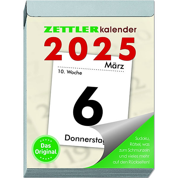 Zettler - Tagesabreißkalender 2025 XL, 8,2x10,7cm, Abreißkalender mit Sudokus, Rezepten und Rätseln, Sonnen- und Mondzeiten, Namenstage, mit Aufhängung und deutsches Kalendarium