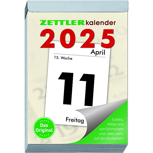 Zettler - Tagesabreisskalender 2025 XXL, 9,9x14,3cm, Abreisskalender mit Sudokus, Rezepten und Rätseln, Sonnen- und Mondzeiten, Namenstage, mit Aufhängung und deutsches Kalendarium
