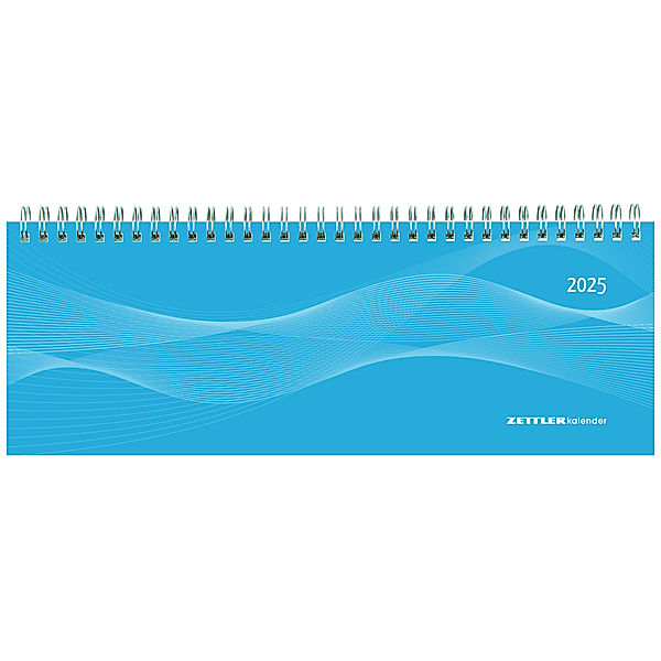 Zettler - Tisch-Querkalender 2025 blau, 29,7x10,5cm, Bürokalender mit 112 Seiten, Monatsübersicht, Notizbereich, Mondphasen, Jahresübersicht, Ringbindung und internationales Kalendarium