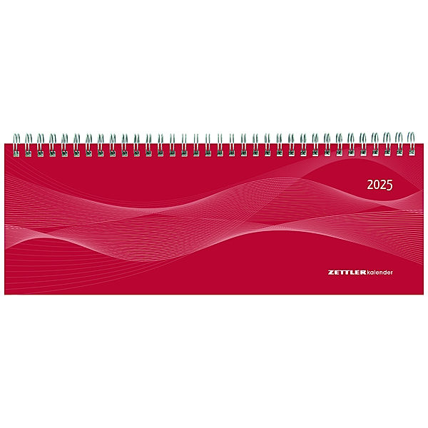 Zettler - Tisch-Querkalender 2025 rot, 29,7x10,5cm, Bürokalender mit 128 Seiten, Tages-, 1 Woche auf 2 Seiten, Monatsübersicht, Notizbereich, Adressteil, Ringbindung und deutsches Kalendarium