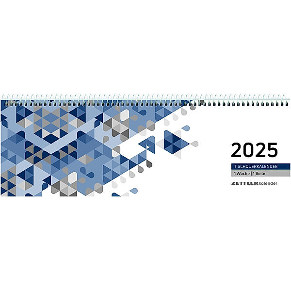 Zettler - Tischquerkalender 2025 blau, 29,6x9,9cm, Bürokalender mit 60 Seiten, Tages-, Wochen- und Zinstageszählung, Steuerterminen, Spiralbindung und internationales Kalendarium