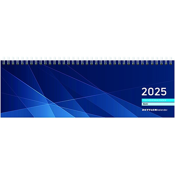 Zettler - Tischquerkalender 2025 blau, 32x10,5cm, Bürokalender mit 128 Seiten, Tages- und Wochenzählung, Jahresübersicht, Steuerterminen, Drahtkammbindung und deutsches Kalendarium