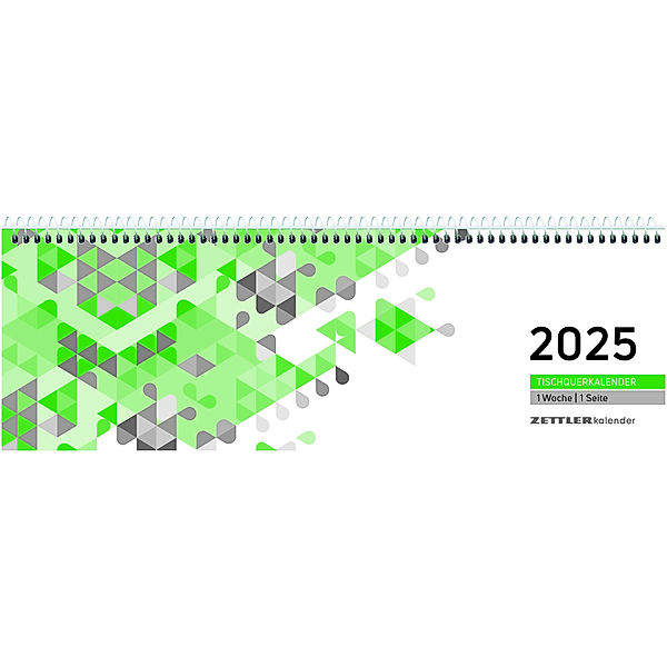 Zettler - Tischquerkalender 2025 grün, 29,6x9,9cm, Bürokalender mit 60 Seiten, Tages-, Wochen- und Zinstageszählung, Steuerterminen, Spiralbindung und internationales Kalendarium