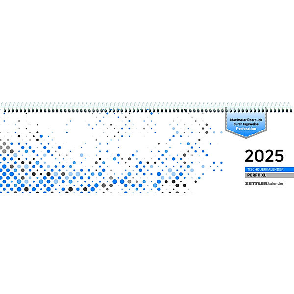 Zettler - Tischquerkalender 2025  Perfo XL blau, 36,2x10,6cm, Bürokalender mit 112 Seiten, Tages-, Wochen- und Zinstageszählung, Steuerterminen, Tagesweise perforiert und deutsches Kalendarium