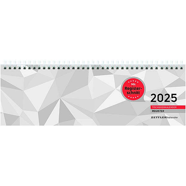 Zettler - Tischquerkalender 2025 Register, 32x10,5cm, Bürokalender mit 128 Seiten, Tages- und Wochenzählung, Dreimonatsübersicht, Drahtkammbindung und internationales Kalendarium