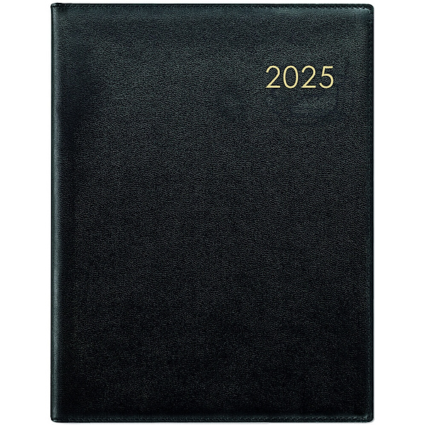 Zettler - Wochenbuch Leder 2025 schwarz, 21x26,5cm, Taschenkalender mit 128 Seiten im wattiertem Einband, 1 Woche auf 2 Seiten, Fadensiegelung, Eckenperforation und internationales Kalendarium