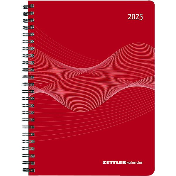 Zettler - Wochenplaner 2025 rot, 15x21cm, Taschenkalender mit 128 Seiten, 1 Woche auf 2 Seiten, Adressteil, Ringbindung, Monatsübersicht, Mondphasen und deutsches Kalendarium