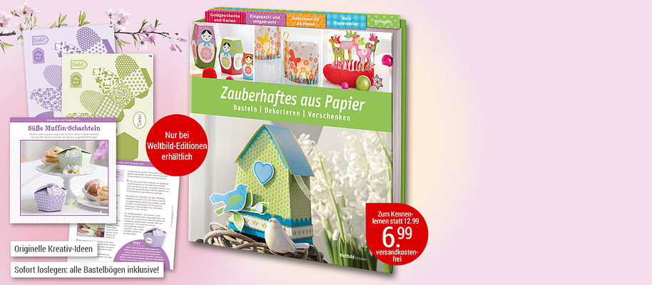 ##**Geniale Ideen aus Papier**
##Basteln, dekorieren, verschenken

Originelle Glückwunschkarten, pfiffige Tischdekorationen, raffinierte Geschenkschachteln oder stimmungsvolle Deko rund ums Jahr – die Edition **Zauberhaftes aus Papier** bietet eine Fülle an zauberhaften Papier-Bastelideen. Und das Gute: Alle liebevoll gestalteten Bastelbögen liegen direkt bei – vom stabilen Karton bis hin zum zarten Transparent-Papier immer passend zum Modell!
Einfach auspacken und sofort loslegen! 

**Alle Bastelbögen inklusive – klare und ausführliche Anleitungen!**
* Originelle Bastelideen für jeden Anlass
* Eigens gestaltete, hochwertige Bastelbögen
* **Immer passende Modelle zu Saison und Jahreszeit:** süße Hasenschachteln zu Ostern, festliche Adventskalender zur Weihnachtszeit und Vieles mehr ...



{{ button href="/weltbild-editionen/hobby-praxiswissen/papier/bestellen" text="Jetzt bestellen"}}