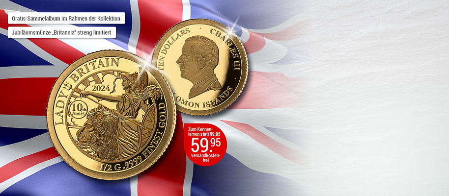 # Edelmetall in seiner erlesensten Form... 
Starten Sie mit der "**Britannia**" in die unvergängliche & legendäre Welt der **"Goldmünzen-Klassiker"**! 
2014 gab die Prägestätte Royal Mint ein 6er-Set in Gold aus, das erstmals die Stückelung von 1/40 Unze enthielt. Diese Britannia-Ausgabe war damit die **kleinste Goldmünze** des Vereinigten Königreichs! Auf der Rückseite ein weiteres **Highlight mit Charles III.**: das Porträt seiner Mutter Elizabeth II. wurde auf mehr Münzen weltweit geprägt als jedes andere. Ein **historischer Wechsel** also auch in der Münzwelt. Die Erstausgaben jedes Landes mit neuem Staatsoberhaupt sind **für Sammler ein Muss**.

Sichern Sie sich deshalb schnell diese Münzneuheit aus **reinstem .9999 Gold** zum günstigen Kennenlernpreis von nur € 59.95 - **versandkostenfrei.** **Sie sparen dabei sofort € 40.– **. Da diese Münze als offizielles Anlagegold eingestuft wurde, ist sie zusätzlich von der **Mehrwertsteuer befreit**.

.9999 Gold, 0,5 g, Polierte Platte, 10 Dollars Salomonen 2024, Ø = 11 mm, Schutzkapsel & Echtheitszertifikat

{{ button href="/weltbild-editionen/schoenes-wertvolles/goldmuenzen-klassiker/bestellen" text="Jetzt bestellen"}} 