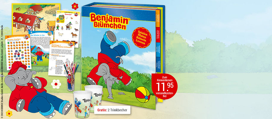 ##**Spiel und Spass mit Benjamin Blümchen**
Der sprechende Elefant aus dem Neustädter Zoo zeigt Vorschul-Kindern die Welt und bereitet sie gleichzeitig auf die Schule vor. Otto und die Zootiere sind auch dabei, wenn Ihr Kind spielerisch die ersten Zahlen und Buchstaben lernt und die Welt entdeckt.
Törööö! Beim Spielen, Basteln, Ausschneiden und Malen erlebt Ihr Kind mit Benjamin zu allen Jahreszeiten Abenteuer auf dem Bauernhof, bei der Feuerwehr, im Strassenverkehr, auf dem Bahnhof, im Wald und sogar auf einer Weltreise.

**Immer mit Bastelbogen, Spielposter und Stickerbogen**

Viele bunte, kindgerechte Info- und Spielkarten zum Vorlesen, Rätseln, Basteln, Malen und Lernen auf stabilem Kartonpapier machen die Edition zu einem echten Erlebnis.

{{ button href="/weltbild-editionen/kinderwelt/benjamin/bestellen" text="Jetzt bestellen"}}