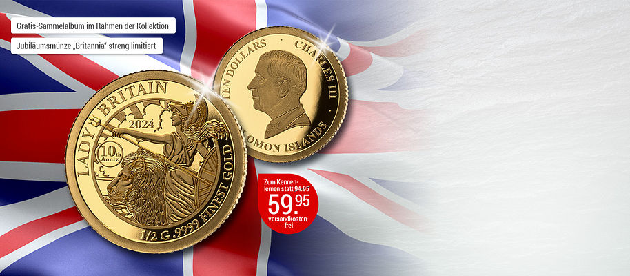 # Edelmetall in seiner erlesensten Form... 
Starten Sie mit der "**Britannia**" in die unvergängliche & legendäre Welt der **"Goldmünzen-Klassiker"**! 
Seit ihrer Erstausgabe 1987 ist die Britannia, Schutzpatronin Großbritanniens, eine feste Größe im Bereich der Anlagemünzen. 2014 gab die Prägestätte Royal Mint ein 6er-Set in Gold aus, das erstmals die Stückelung von 1/40 Unze enthielt. Diese Britannia-Ausgabe war damit die **kleinste Goldmünze** des Vereinigten Königreichs! Auf der Rückseite ein weiteres **Highlight mit Charles III.**: das Porträt seiner Mutter Elizabeth II. wurde auf mehr Münzen weltweit geprägt als jedes andere. Ein **historischer Wechsel** also auch in der Münzwelt. Die Erstausgaben jedes Landes mit neuem Staatsoberhaupt sind **für Sammler ein Muss**.

Sichern Sie sich deshalb schnell diese Münzneuheit aus **reinstem .9999 Gold** zum günstigen Kennenlernpreis von nur € 59.95 - **versandkostenfrei.** **Sie sparen dabei sofort € 35.– **. Da diese Münze als offizielles Anlagegold eingestuft wurde, ist sie zusätzlich von der **Mehrwertsteuer befreit**.

.9999 Gold, 0,5 g, Polierte Platte, 10 Dollars Salomonen 2024, Ø = 11 mm, Schutzkapsel & Echtheitszertifikat

{{ button href="/weltbild-editionen/schoenes-wertvolles/goldmuenzen-klassiker/bestellen" text="Jetzt bestellen"}} 